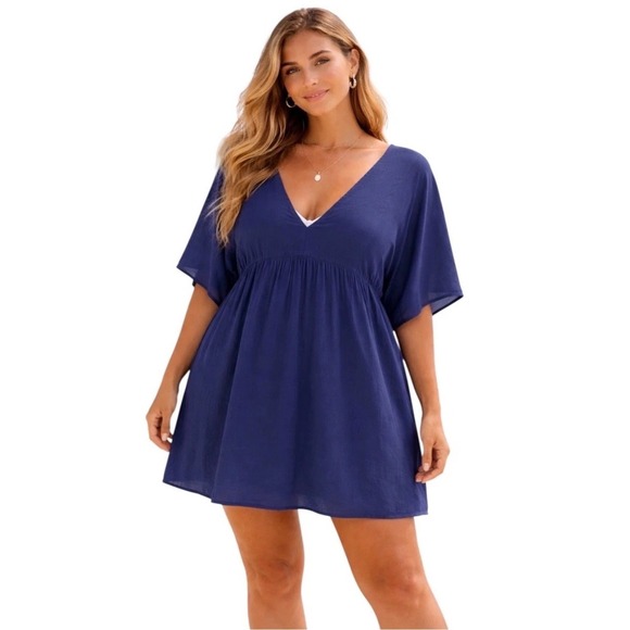 Lauren Ralph Lauren Other - Lauren Ralph Lauren Womens 2X Cover Up Dress Blue Cotton Gauze V-Neck Swim